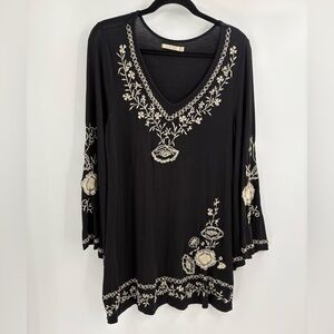 Y2K Boho Vintage Bell Long Sleeve Black Embroidered Dress Tunic Size Medium